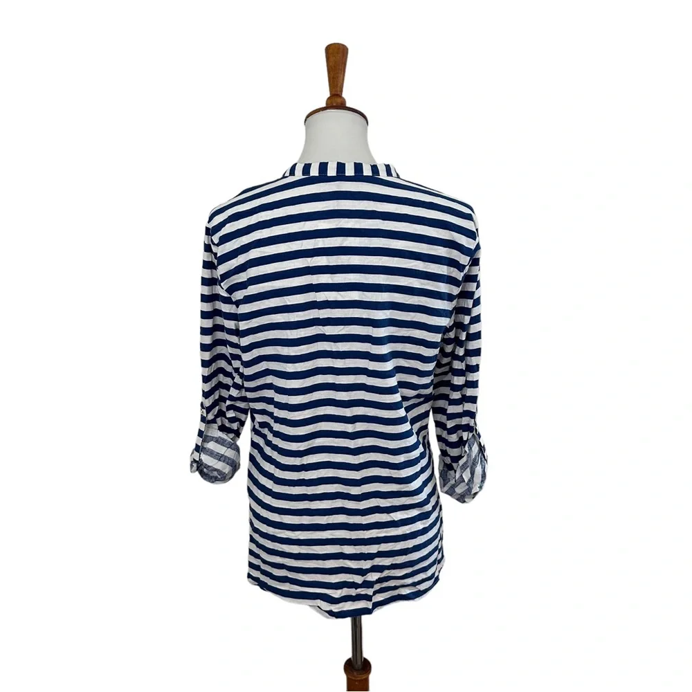 NWT Zara Linen Blend Striped Button Down Shirt Blue White Size Medium - Picture 2 of 5